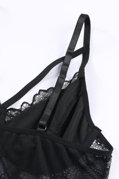 Black Spaghetti Straps Lace Panel Bodysuit