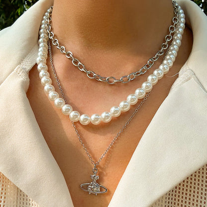 Trendy simple pearl chain with cross planet three-layer design all-match necklace