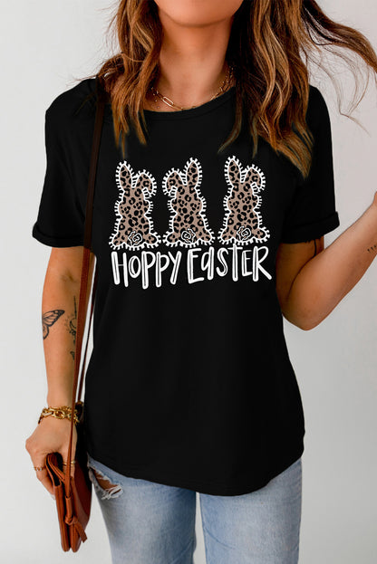 T-shirt noir à col rond avec motif lapin léopard et joyeuses Pâques