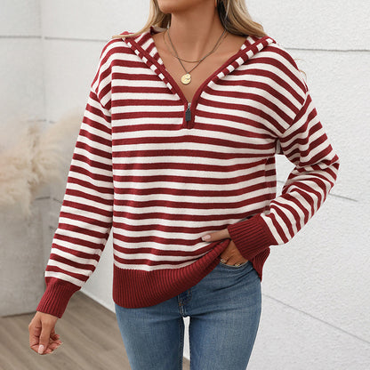 Pull rayé à col en V pour femme