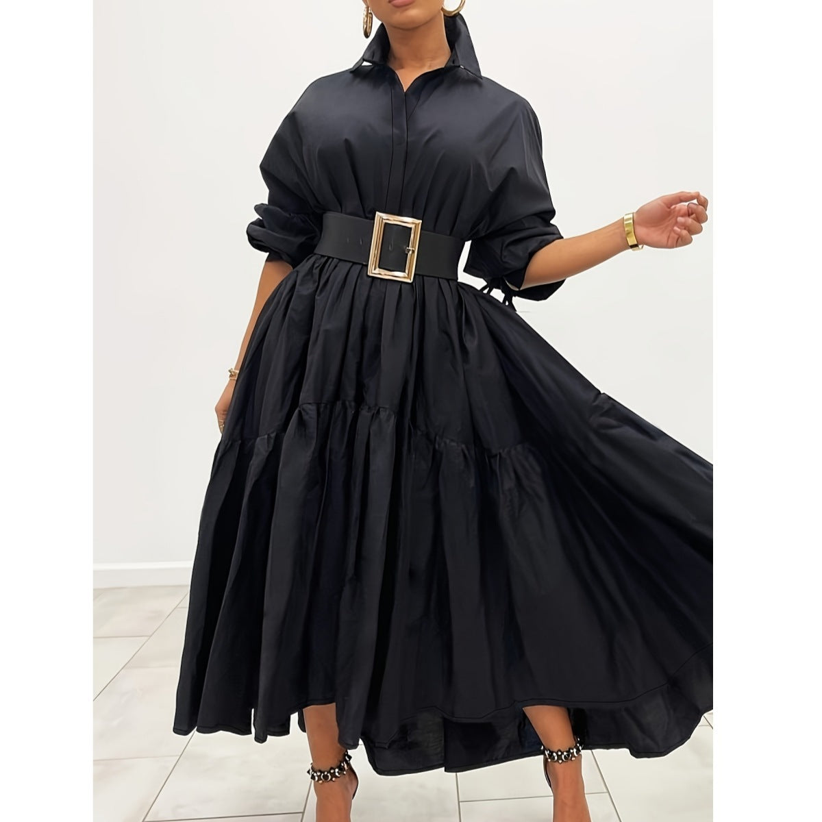 Women's Clothing Fashion Retro Loose Tied Dress Excluding Belt