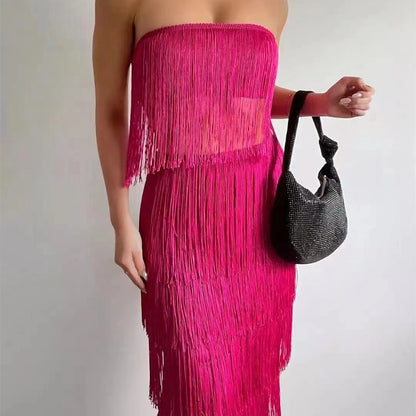 Robe longue bustier à une épaule et pompon pour femme, deux pièces