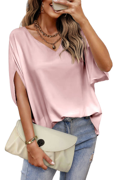 White V Neck Batwing Sleeve Solid Color Satin Blouse