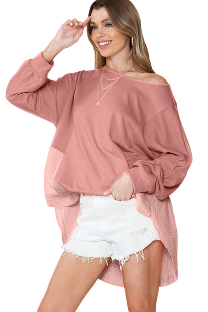 Khaki Crinkled Patchwork Raw Hem Oversized Blouse