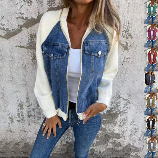 Mode Denim Patchwork veste décontractée à capuche veste à glissière vêtements pour femmes