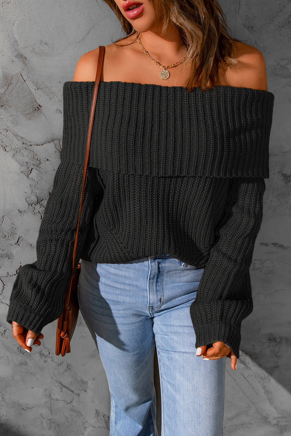 Khaki Ribbed Knit Foldover Off Shoulder Sweater