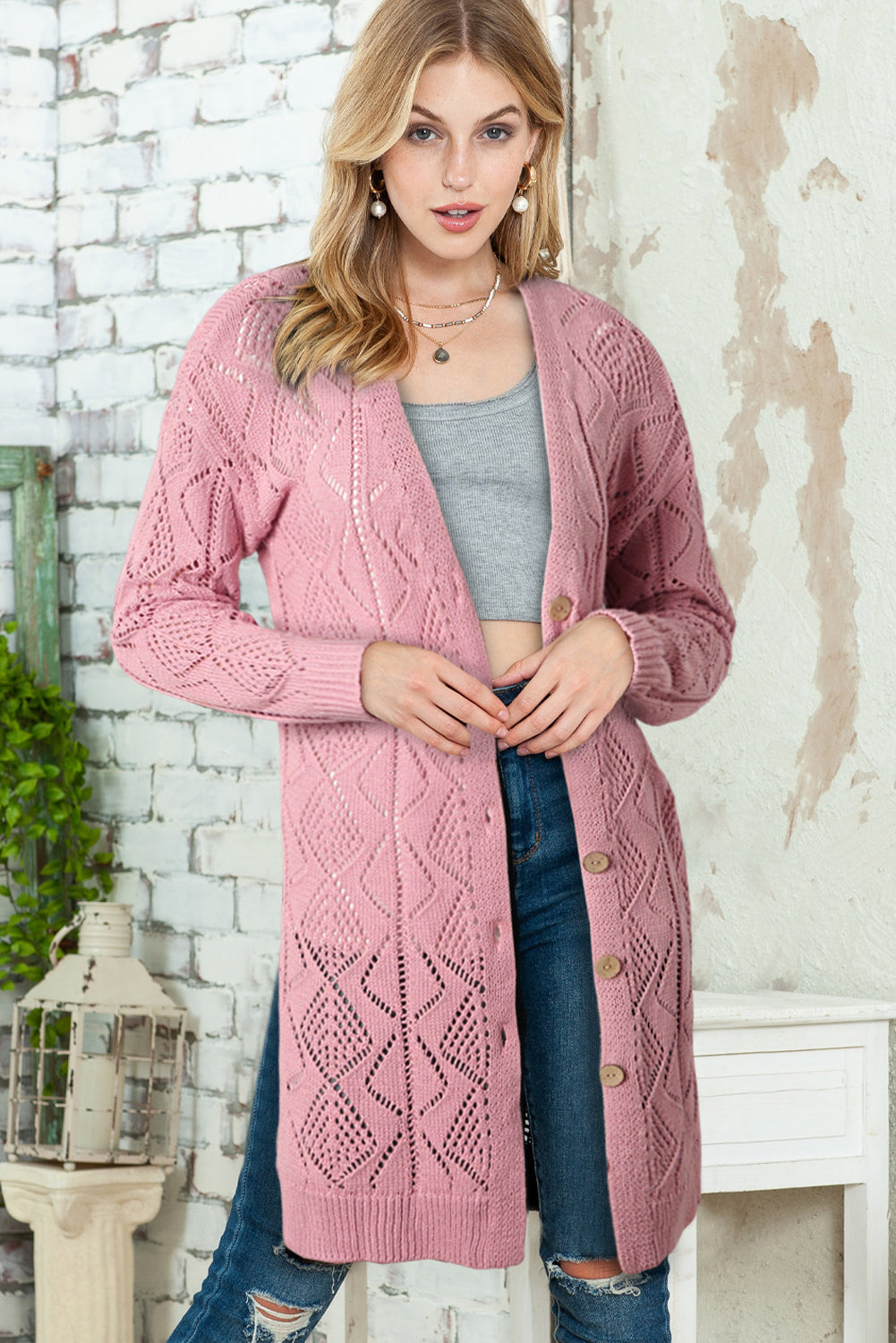 Cardigan long ample boutonné kaki ajouré