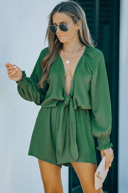 Beige Tie Knot Puff Long Sleeve Romper