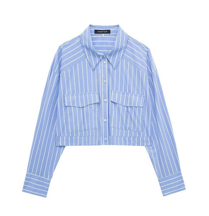 European And American Style Fashionable All-match Striped Short Style Long-sleeved Shirt