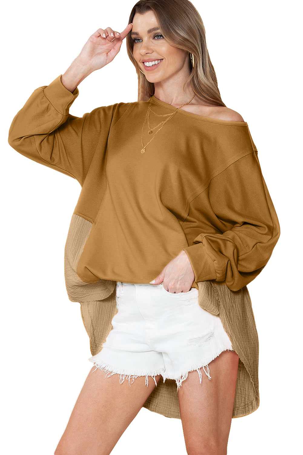 Khaki Crinkled Patchwork Raw Hem Oversized Blouse