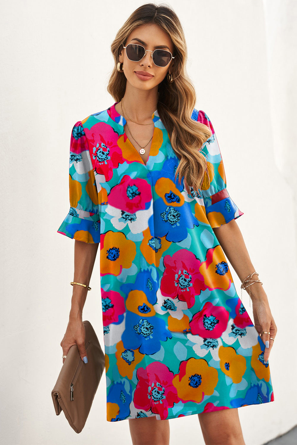 Robe tunique multicolore à manches courtes et col mandarin à imprimé floral