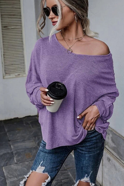 Purple Plain Tie Back Drop Shoulder Long Sleeve Top