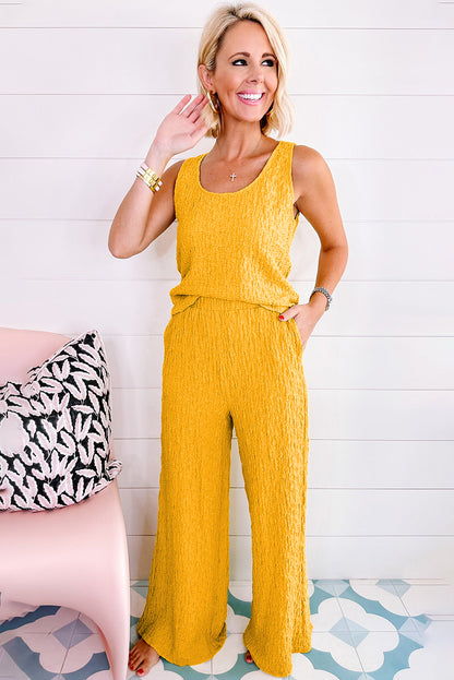 Ensemble débardeur jaune froissé à col en U et pantalon large