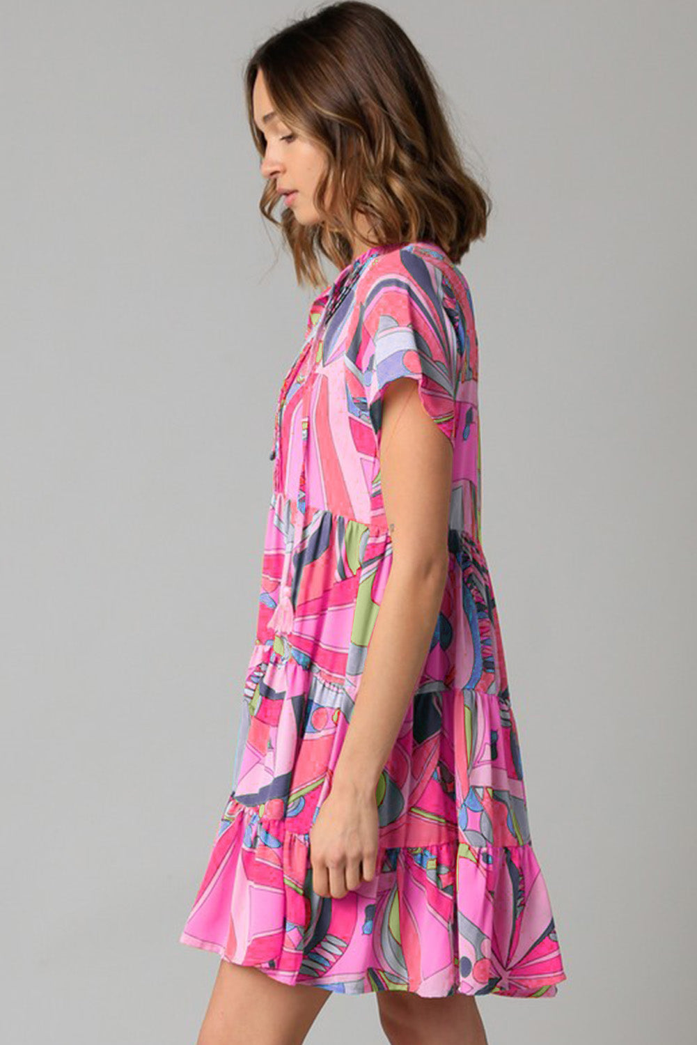 Multicolor Abstract Print Split V Neck Short Sleeve Tiered Dress