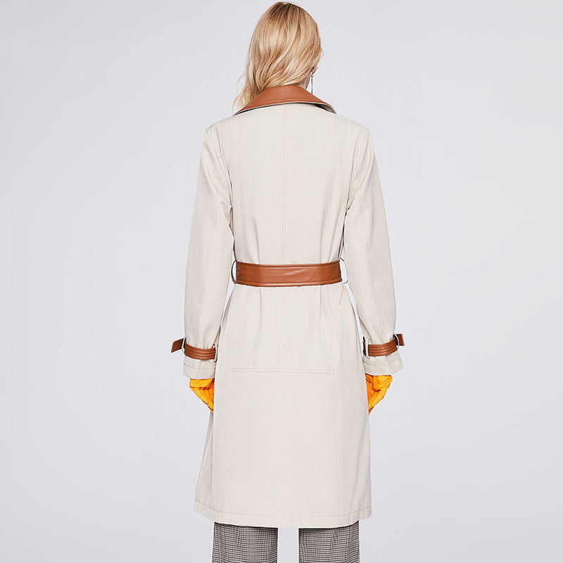 Trench mi-long haut de gamme contrasté pour femme