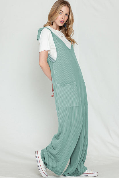 Dark Grey Pockets Oversized Ribbed Wide Leg Jumpsuit