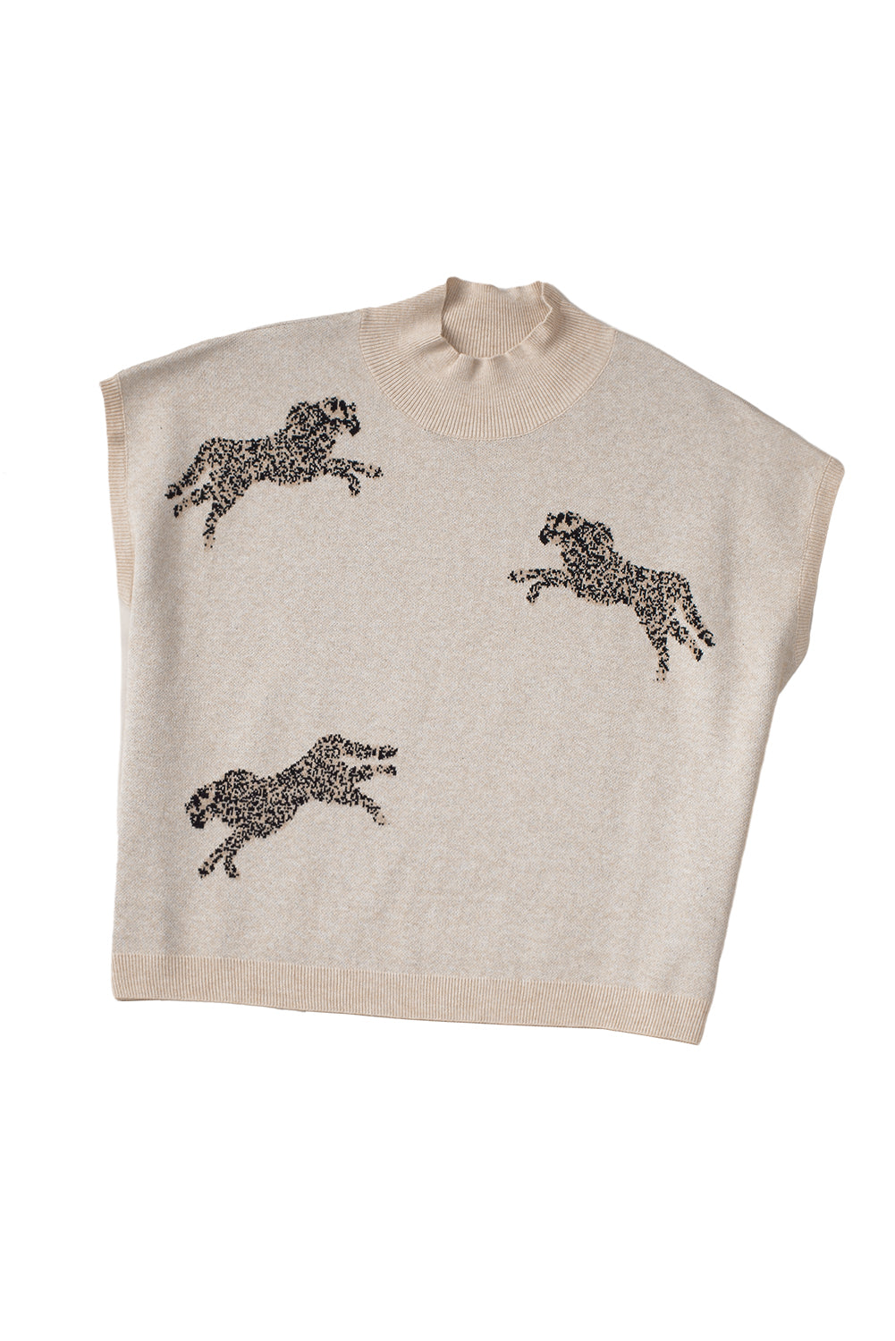 Apricot Cheetah Pattern Mock Neck Short Sleeve Sweater