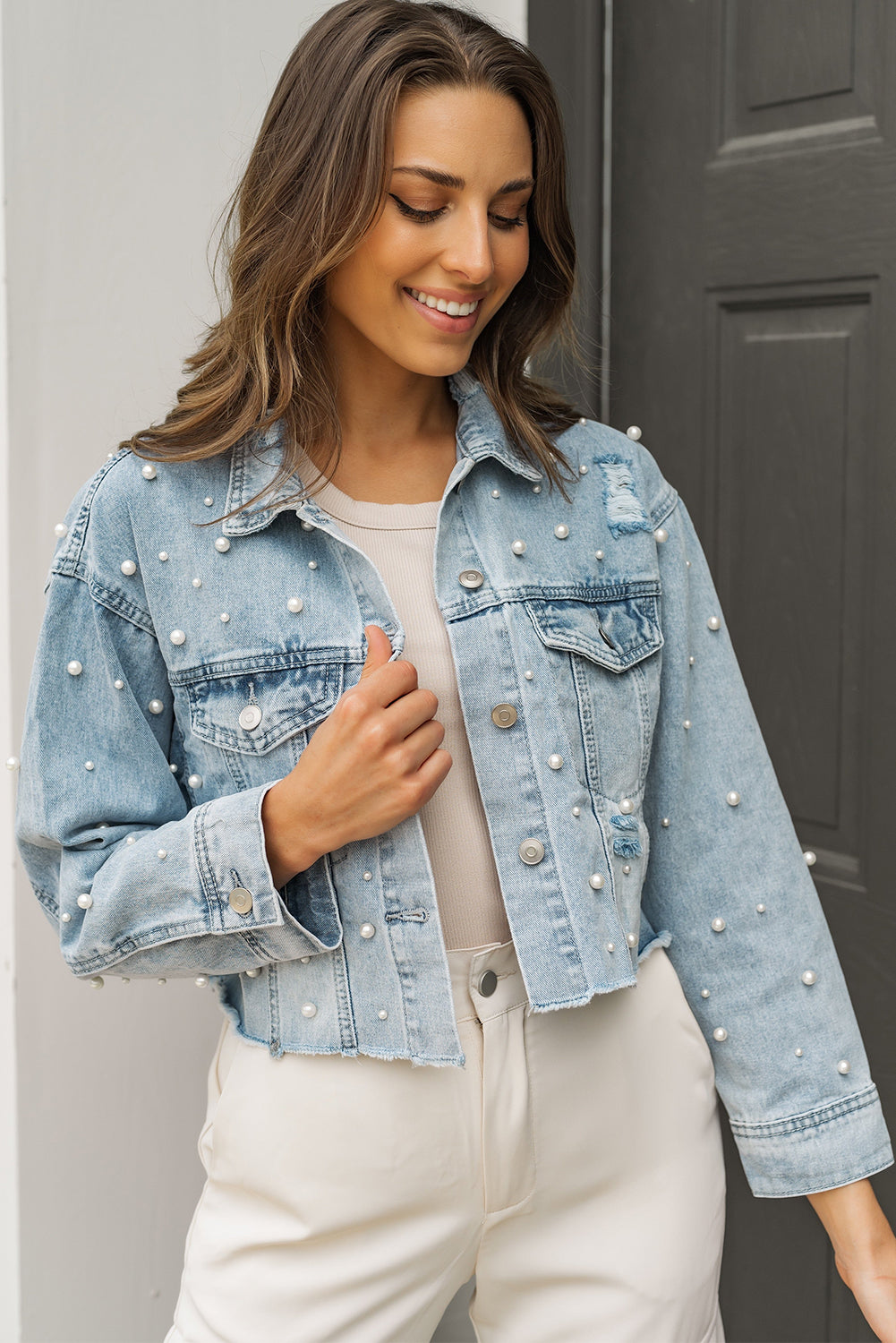 Sky Blue Pearls Beading Cropped Denim Jacket