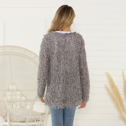 Manteau d'automne pour femme Cardigan à manches longues Manteau mi-long en peluche