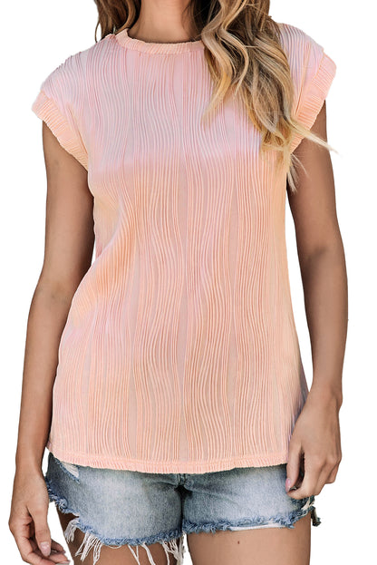 Apricot Wavy Textured Cap Sleeve Round Neck Blouse