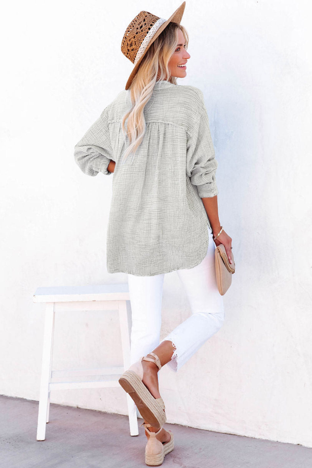 Brown Loose Crinkle Button V Neck Henley Top