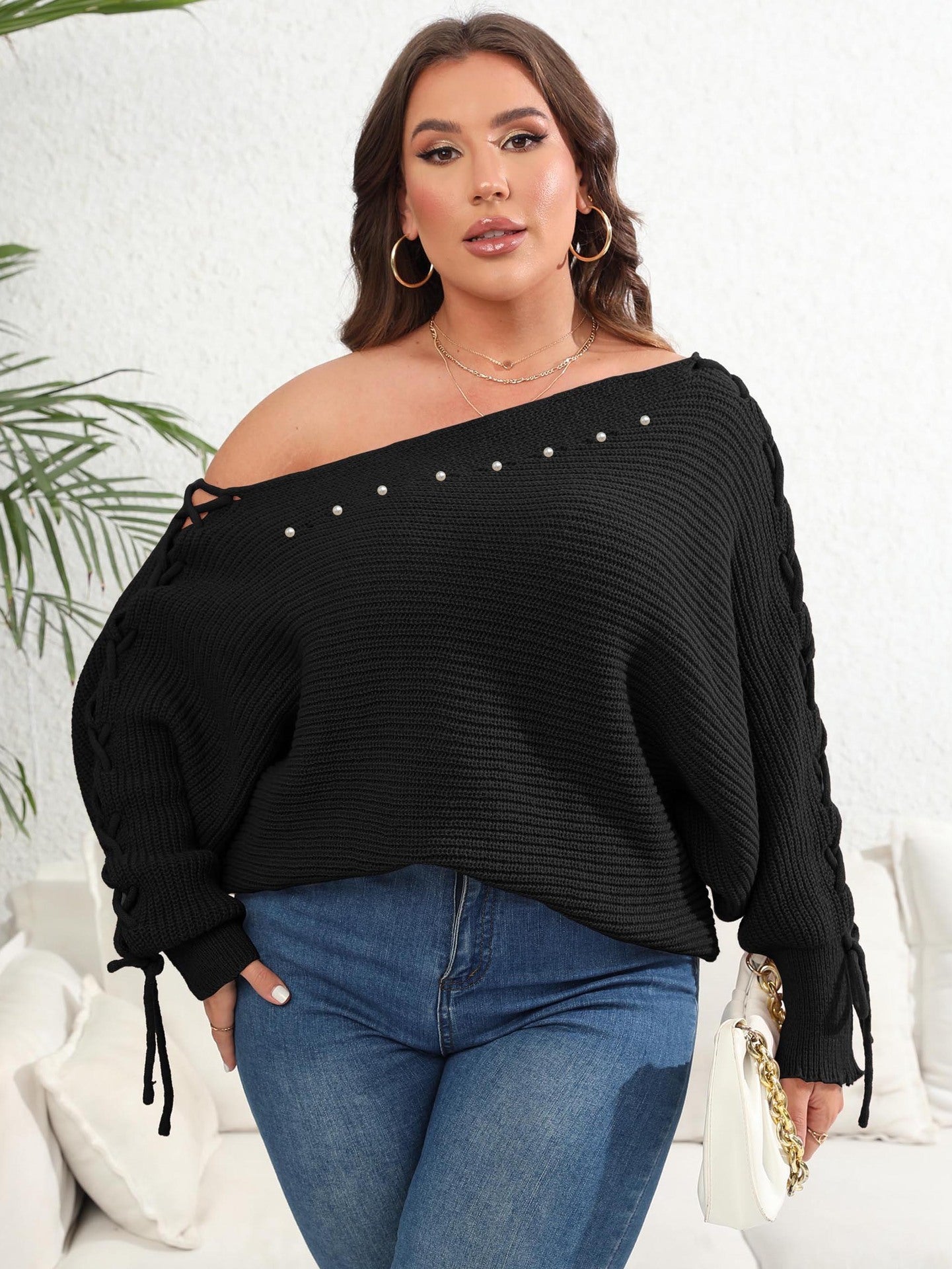 Pull à manches chauve-souris à lacets pour femme grande taille