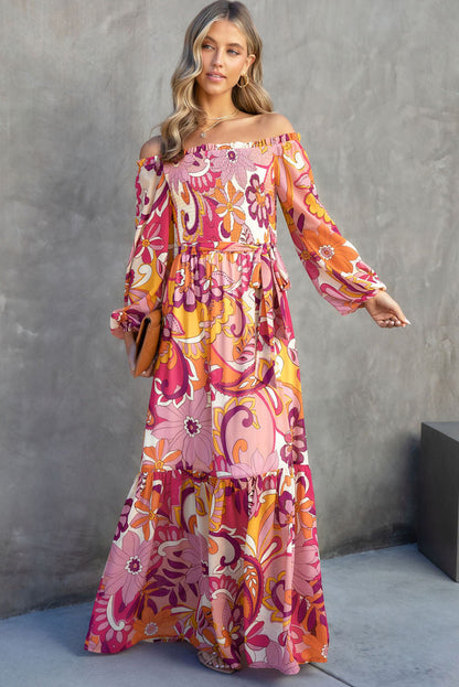 Multicolor Boho Floral Smocked Off Shoulder Puff Sleeve Maxi Dress