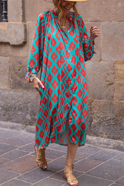 Sky Blue Geometric Print Split Neck Loose Shirt Dress