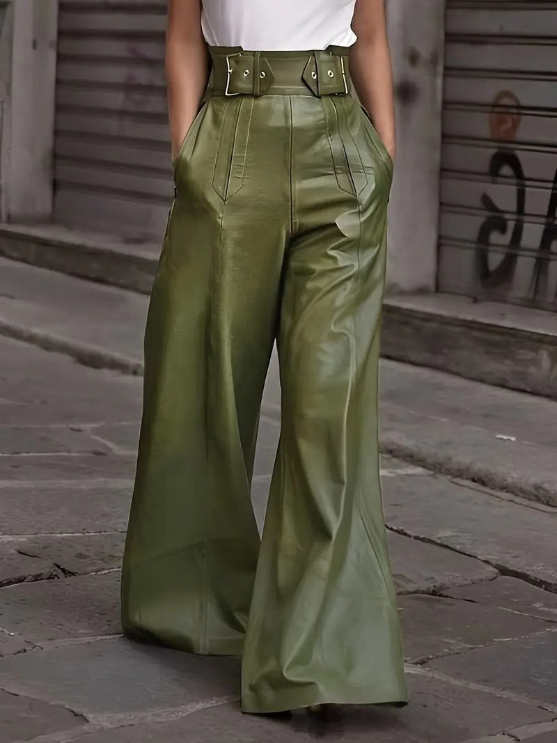 Fashion Leather High Waist Pocket Casual Trousers