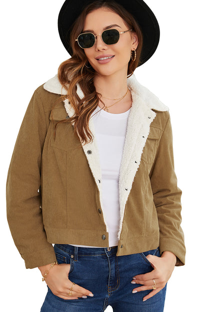 Gray Corduroy Sherpa Snap Button Flap Jacket