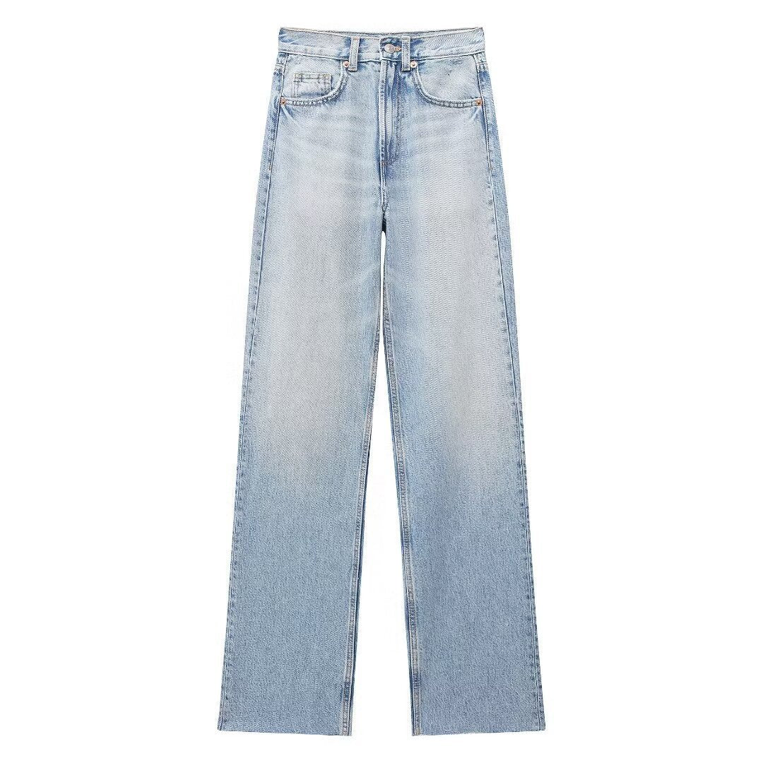 Pantalon en denim décontracté à taille haute et jambe large pour femme