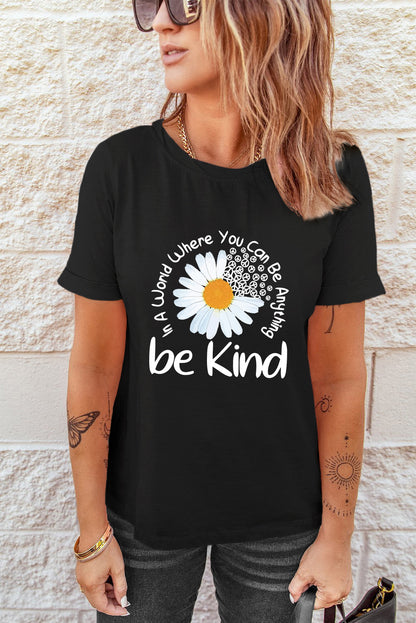 T-shirt à col rond noir décontracté avec slogan Daisy Be Kind