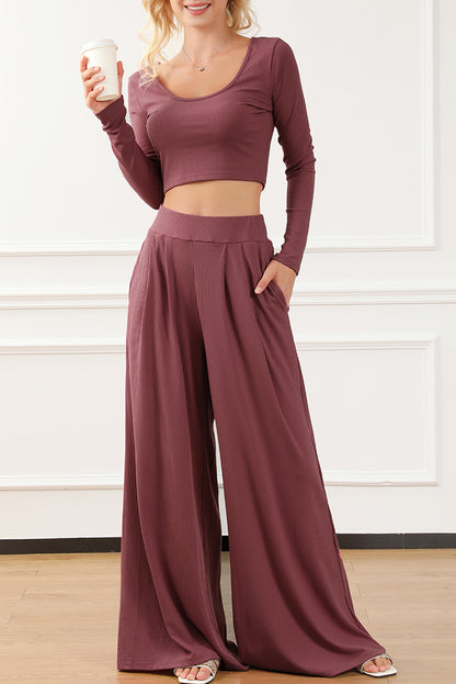 Black Solid Color Ribbed Crop Top Long Pants Set