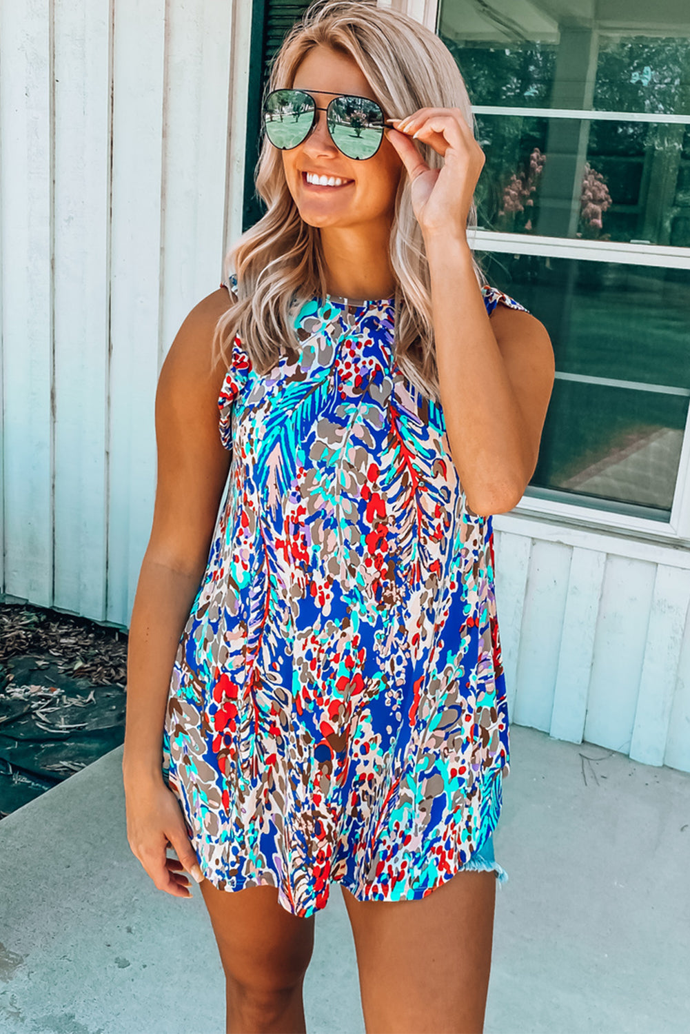 Light Blue Abstract Print Color Block Babydoll Boho Sleeveless Shirt with Ruffle