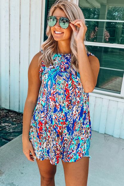 Light Blue Abstract Print Color Block Babydoll Boho Sleeveless Shirt with Ruffle