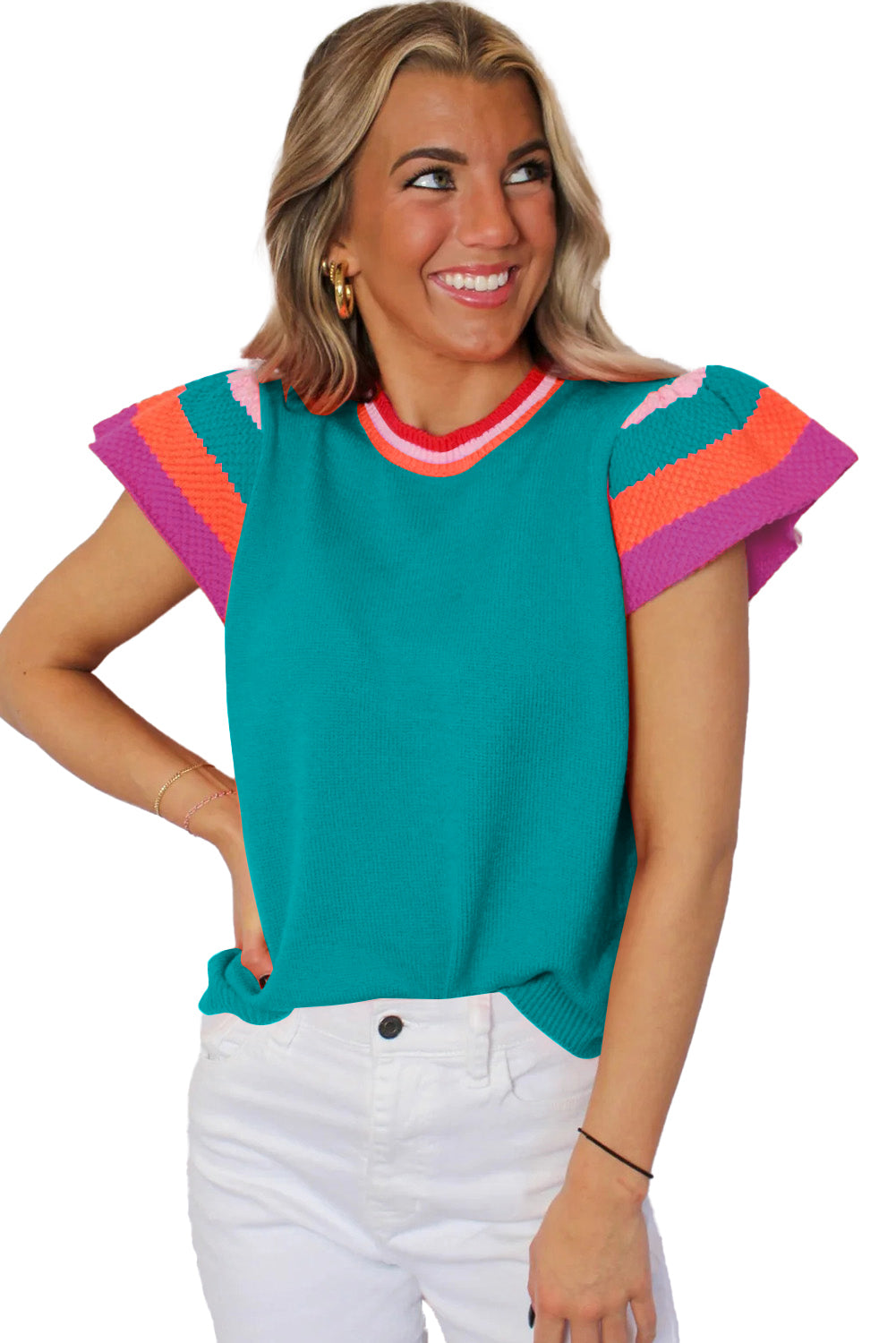Karotten-Strick-T-Shirt mit kontrastfarbenen, gestreiften Ärmeln