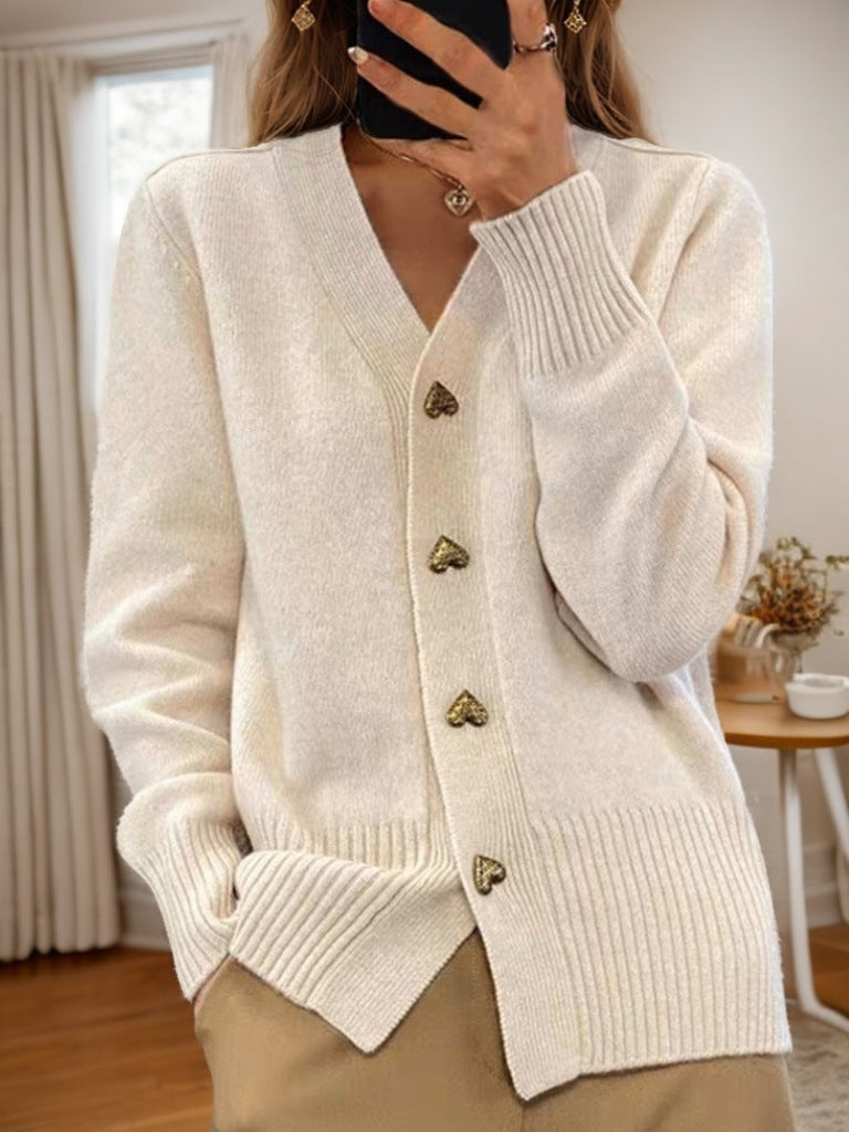 Autumn And Winter New Solid Color Long Sleeve V-neck Knitted Cardigan