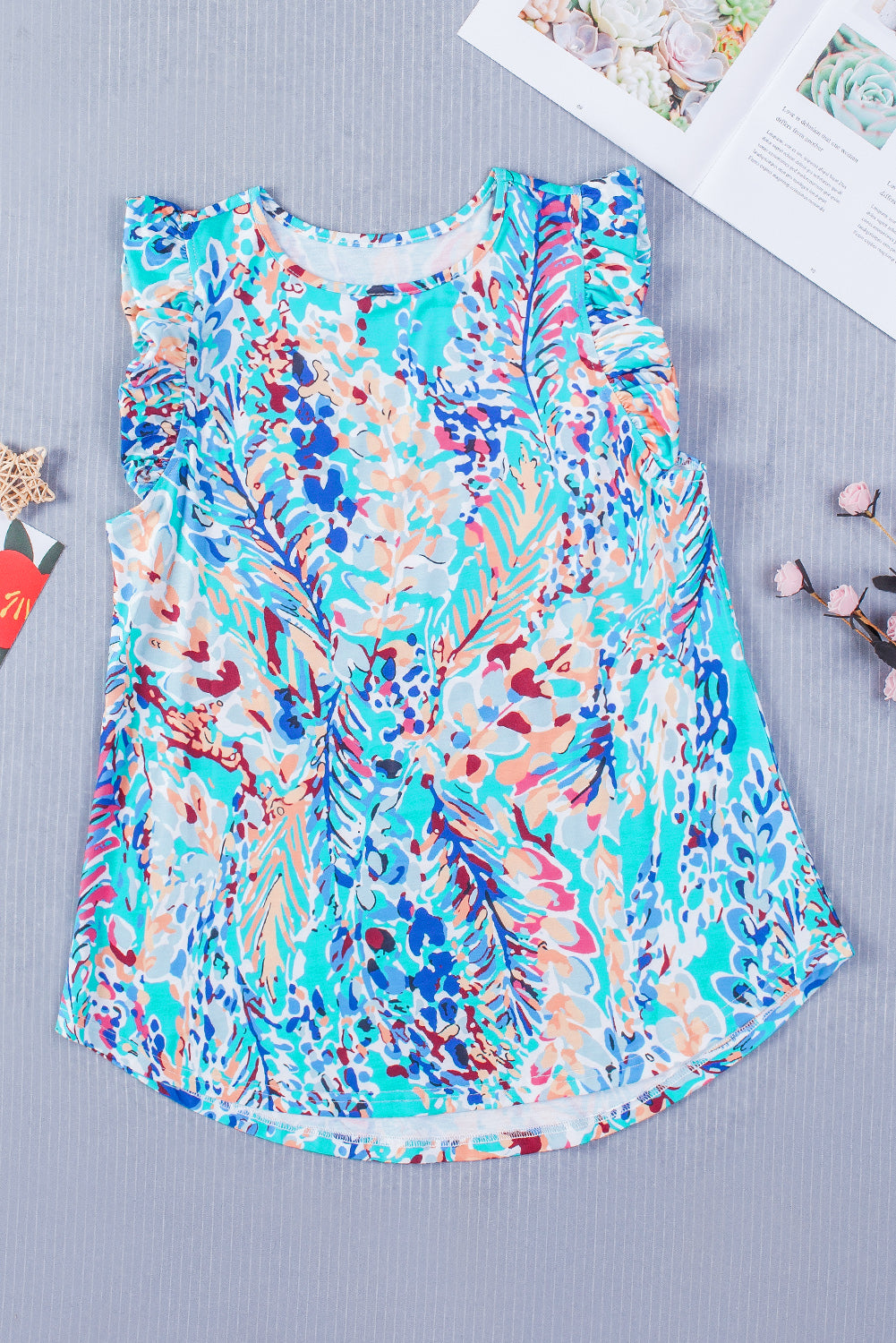 Light Blue Abstract Print Color Block Babydoll Boho Sleeveless Shirt with Ruffle