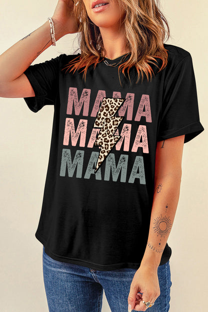 T-shirt graphique noir à imprimé léopard Lightning MAMA avec lettres imprimées