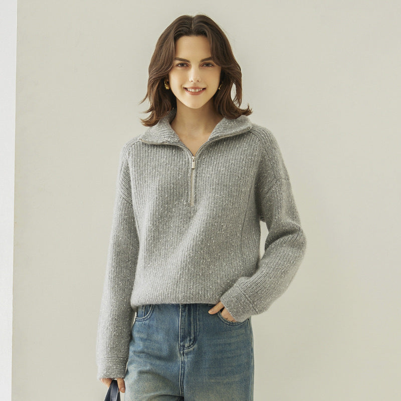 Pull en cachemire à col montant en tissu arabesque épais à cinq brins pour femme, chemise ample et inactive à col semi-ouvert pour automne et hiver