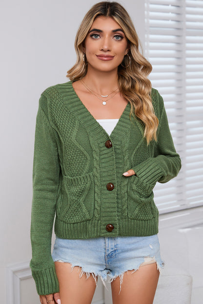 Cardigan pull court texturé avec poches et boutons vert