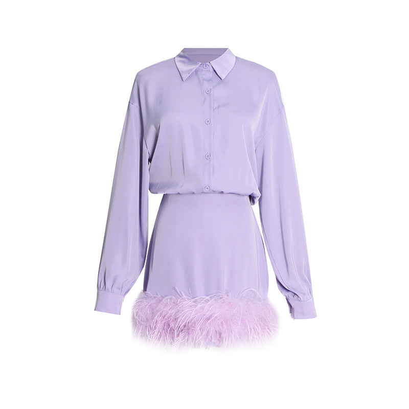 Autumn New Fashion Long Sleeve Solid Color Satin Feather Decorative Shirt Dress