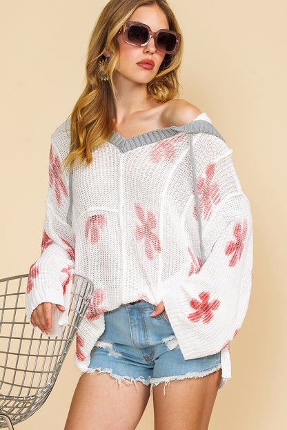 White Floral Print Oversized Knit Hooded Sweater