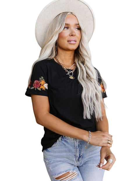 Black Casual Floral Embroidered Round Neck T Shirt