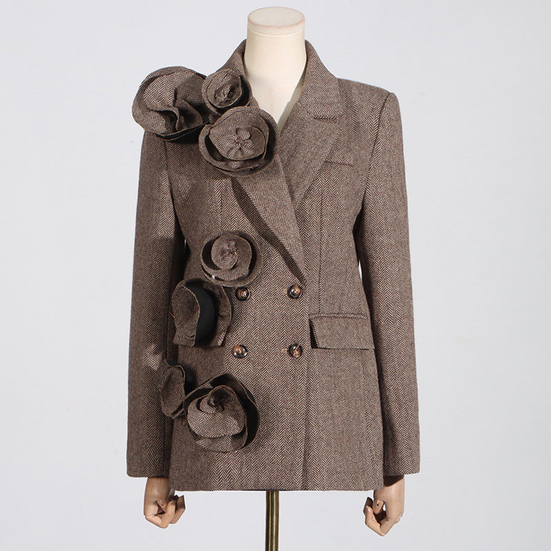 Veste de costume à double boutonnage pour femme, style de voyage, couture décorative florale tridimensionnelle faite à la main