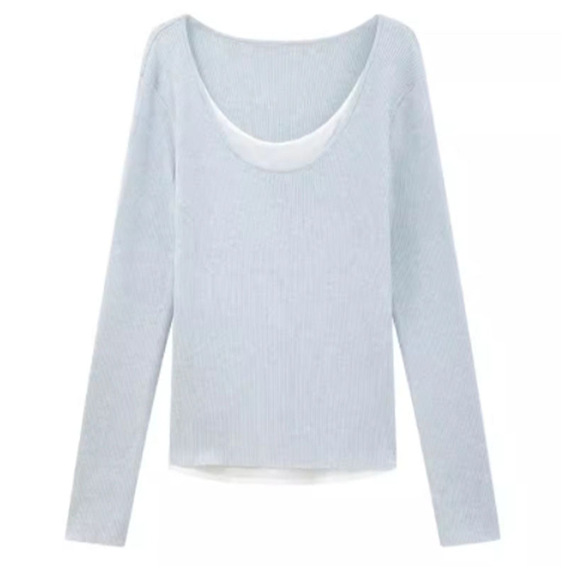 Women's Fake Two-piece Wool Sweater Top Slim Fit