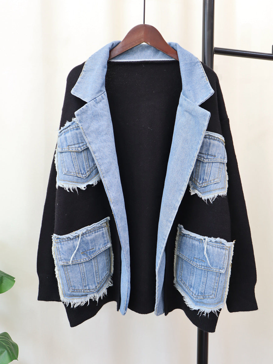 Denim Stitching Sweater Coat For Women