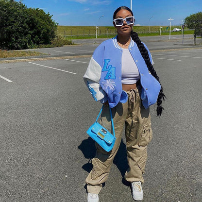 Veste d'uniforme de baseball décontractée et ample avec broderie à coutures contrastées