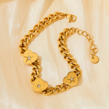 18K gold trendy and fashionable heart-set diamond and Cuban chain design bracelet