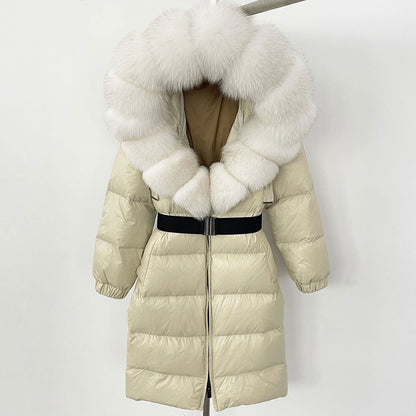 Manteau long à capuche et col en fourrure de renard véritable pour femme